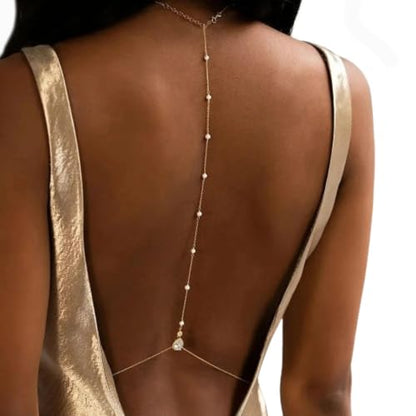 Rhinestone Back Necklace for Backless Dress - Bridal Wedding Pearl Backdrop Jewelry Crystal Long Body Chain Simple Waist Chain for Women - style: Gold