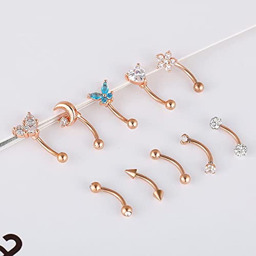 10PCS 16G Eyebrow Rings Set, Surgical Steel Curved Barbell Piercing Jewelry for Women Men, Helix Rook Daith Tragus Cartilage Earrings, Butterfly Heart Flower Spike Design, 8mm Bar