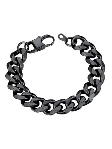 U7 Link Bracelets for Men, Cuban Link/Rope/Watch Band Solid Bracelet, Silver Black Gold Color Wrist Bracelet 3/6/9/12/15mm Width, 6.5/7.5/8.3 Inch Length, Hand Chain Jewelry for Mens Women - color: Cuban-Black, size: 12mm, 8.3 inches