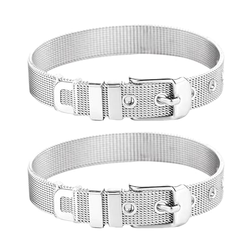 Stainless Steel Mesh Bracelet Wristband 8mm Wide Cuff Bangle Watch Band Style with Adjustable Buckle Mesh Link Chain for Slide Charms Jewelry Making 2 PCS - color: Silver