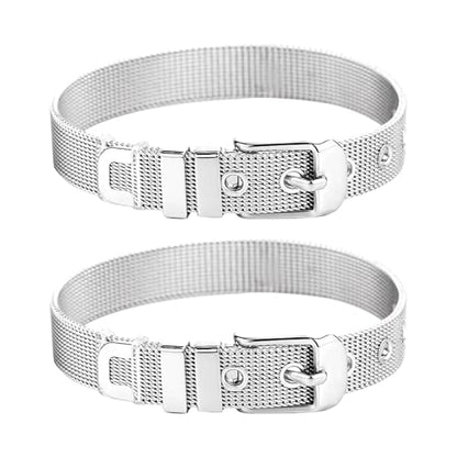 Stainless Steel Mesh Bracelet Wristband 8mm Wide Cuff Bangle Watch Band Style with Adjustable Buckle Mesh Link Chain for Slide Charms Jewelry Making 2 PCS - color: Silver