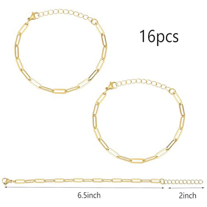 KEIAOUE 16 Pack Charm Bracelet Chain Bulk Gold Plated Stainless Steel Paperclip Chains Bracelets for DIY Jewelry Making - color: Gold