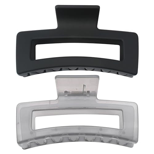 XXL Jumbo Rectangle Claw Clips for Thick Hair - Strong Hold Hair Clips | Rectangle Design | Matte Finish | Non Slip | Wide Opening | 2 Pack (Black & Jelly Gray) - color: Black & Jelly Gray