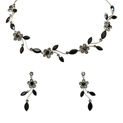 Faship Gorgeous Rhinestone Crystal Floral Necklace Earrings Set - color: Black
