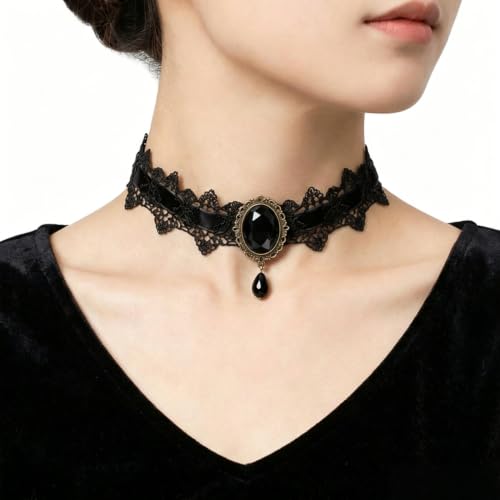 Dainty Black Lace Crystal Choker Necklace Lace Gothic Choker for Women for Halloween Weeding Costume Party Prom Vampire Choker - color: Black