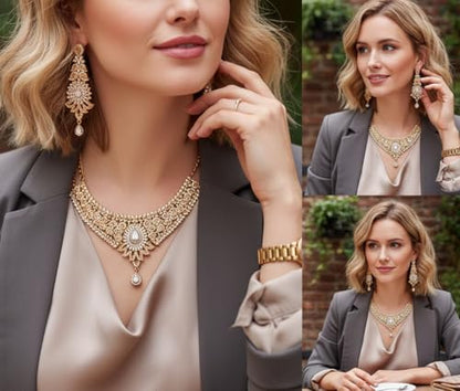 Touchstone Indian jewelry sets for women tikka wedding necklace costume guest statement bollywood rhinestones crystal faux pearls gold big royal neck piece set bridal fashion accessories - color: D313 Gold 2