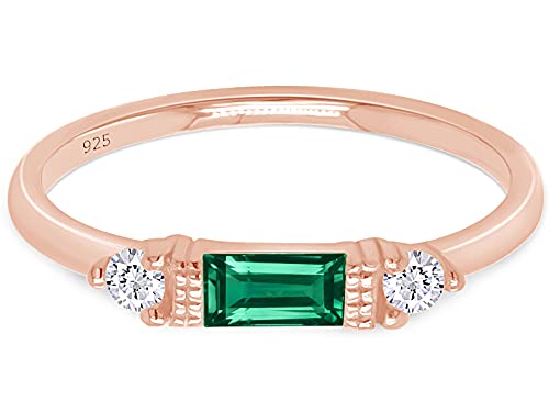 3 Stone Stackable Ring for Women with Birthstone And White Cubic Zircionia | Dainty Minimalist Ring In 14K Gold Over Sterling Silver - color: Rose Gold : Simulated Emerald