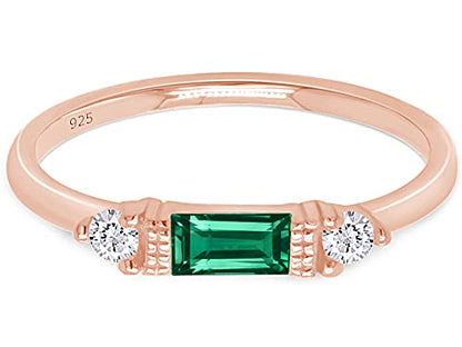 3 Stone Stackable Ring for Women with Birthstone And White Cubic Zircionia | Dainty Minimalist Ring In 14K Gold Over Sterling Silver - color: Rose Gold : Simulated Emerald