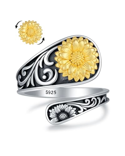 S925-Sterling-Silver Abalone Dragonfly-Turquoise Spoon Ring - Vintage Boho Sunflower Thumb Oxidized Wrap Rings Victorian Style Antique Floral Jewelry Gifts for Women - color: Spinner Sunflower Spoon Ring