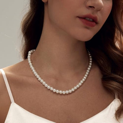 Zeffy Pearl Necklace 8MM Dainty Round Imitation Pearl Choker Necklace Wedding Pearl Necklace Delicate Jewelry for Women Simple Bridesmaid Jewelry Gifts - style: Style2-8mm Silver Pearl Necklace(16"+2")