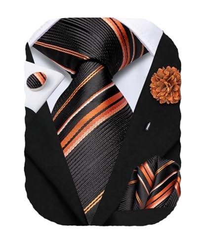 Hi-Tie Men's Silk Ties Formal Woven Classic Necktie Pocket Square Cufflinks Lapel Pin Set Wedding Business - color: Black and Deep Orange
