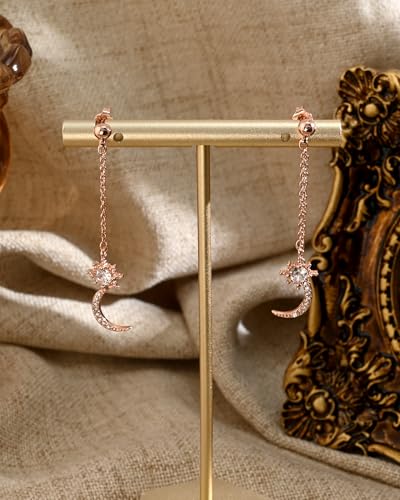 Moon and Star Dangle Earrings | Chain Tassel with Cubic Zirconia Drop Front and Back Earrings Celestial Jewelry for Wedding Gift - color: Rose Gold