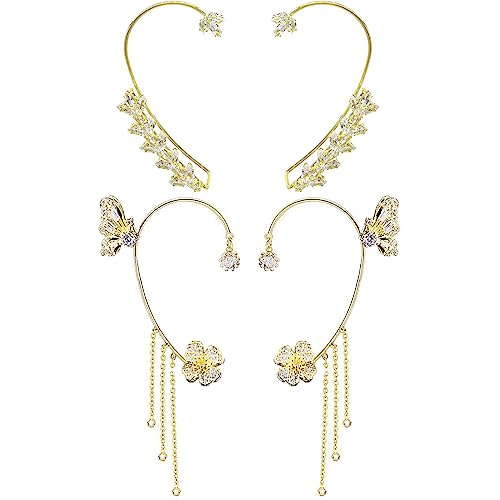 2 Pairs Dainty Silver Butterfly Ear Cuffs & Wraps for Women Non Piercing Bling Butterfly Tassel Style Zircon Earrings Ear Clips Bridal Wedding Jewelry - color: Gold-B