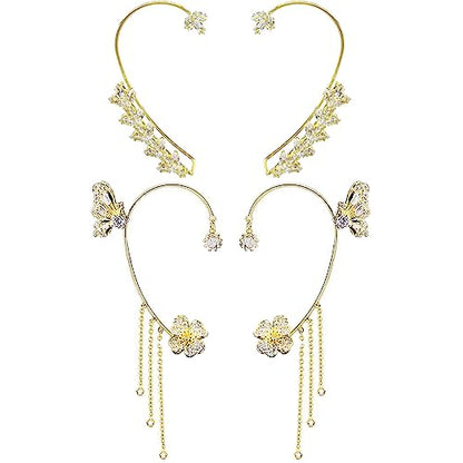 2 Pairs Dainty Silver Butterfly Ear Cuffs & Wraps for Women Non Piercing Bling Butterfly Tassel Style Zircon Earrings Ear Clips Bridal Wedding Jewelry - color: Gold-B