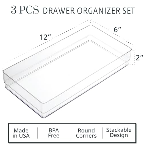 STORi SimpleSort 3-Piece Stackable Clear Drawer Organizer, 12" x 6" x 2" | Rectangle Trays, Wide Makeup Vanity Storage Bins, Office Desk Drawer Dividers, Made in USA - size: 12x6x2"