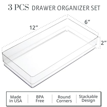 STORi SimpleSort 3-Piece Stackable Clear Drawer Organizer, 12" x 6" x 2" | Rectangle Trays, Wide Makeup Vanity Storage Bins, Office Desk Drawer Dividers, Made in USA - size: 12x6x2"