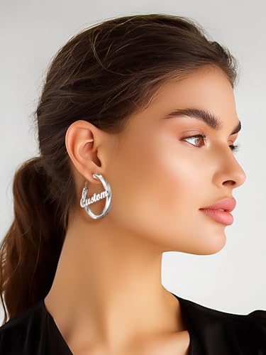 FindChic Twisted Hoop Earrings for Women, Silver/Black/14K Gold Plated Hypoallergenic Hollow Tube Rounded Loop Earrings, 30mm/40mm/60mm/80mm Hoops with Custom Name Options and Gift Box - color: e.Silver (Custom Name), size: 40MM