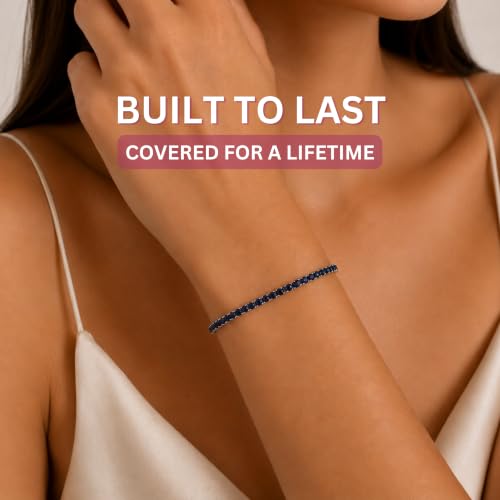 Tennis Bracelets for Women 2mm Dainty 14K Gold Plated CZ | 5A cubic zirconia, 4 prong sparkle, birthstone colors, 6.5-7.5 inches, fold over clasp, tarnish resistant, waterproof - color: Sapphire Blue