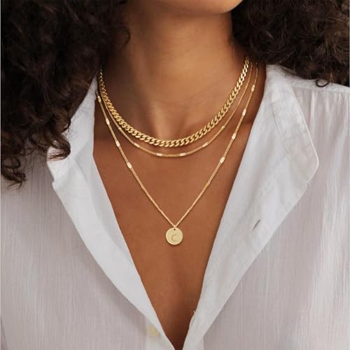 Initial Necklaces for Women Trendy, 14K Gold Plated Letter Necklace Stack Round Coin Disc Pendant Layered Choker Cuban Chain A-Z Gold Necklace Personalized Jewelry Gift Sets for Women - color: V