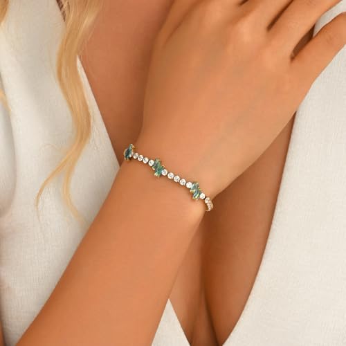 18K Gold Plated Cubic Zirconia Tennis Bracelet for Women Sparkling Stackable Stainless Steel Jewelry Hypoallergenic Tarnish Resistant Bridal Gift - color: Light Blue Baguette CZ-Gold
