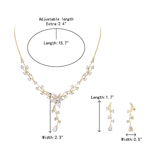 Crysdue Women's Wedding Bridal Jewelry Set for Brides Bridesmaids Cubic Zirconia Flower Leaf Vine Necklace Dangle Earrings for Prom Party - style: 13-gold