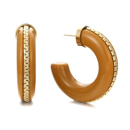 Gold Plated Resin Chunky Hoop Earrings Hypoallergenic Push Back Hoops for Sensitive Ears - color: Caramel