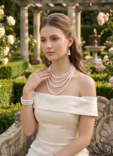 Pearl Necklace Set - Faux Pearl Earrings and Bracelets Jewelry Set for Women Wedding Bridal Shower Tea Party Accessories - style: 4pcs-silver