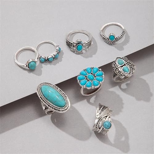 Bohemian Turquoise Ring Set for Women,Vintage Western Rings Chunky Turquoise Opal Stackable Knuckle Ring Set Punk Midi Finger Ring Pack Boho - style: Ring set-D