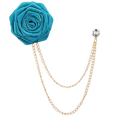 Fashion Bridegroom Wedding Brooches Cloth Art Hand-Made Rose Flower Brooch Lapel Pin Badge Tassel Chain Men's Suit Accessories - color: Peacock blue