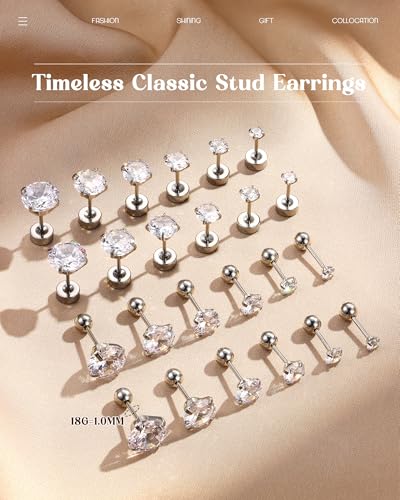 ORAZIO 6Pairs Hypoallergenic Flat Back Earrings 316L Stainless Steel Studs for Sensitive Ears, 3-8mm Cubic Zirconia, Stylish Jewelry for Women Men - Silver - color: Silver Plating