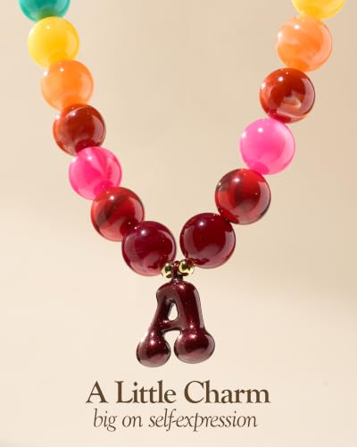 DoDoBeads Chunky Colorful Beaded Initial Necklace, Bubble Letter Choker | Gift box and dust pouch included; waterproof and sweat-resistant with real gold plated stainless steel hardware - color: Rainbow-A
