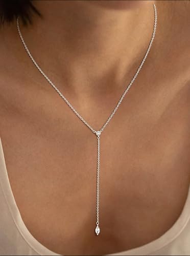14K Gold Plated Layered Lariat Necklace for Women - Waterproof Non-Tarnish Dainty Gold Chain Necklace, Long Boho Statement Jewelry for Wedding, Prom, Summer Vacation Gifts - color: Two CZ Y Necklace-Silver
