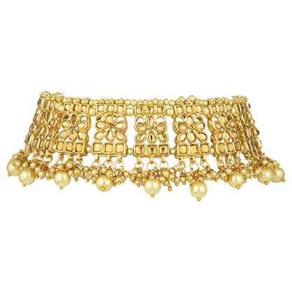 Aheli Elegant Indian Faux Kundan Studded Choker Necklace with Maang Tikka Set Ethnic Wedding Wear Bharatanatyam jewellery set Gift for Women - color: Gold