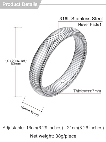 U7 Stretch Bracelets for Women Stainless Steel 18K Gold Plated Bangle Bracelets,Non Tarnish Link Bracelets,10mm,16mm,20mm - color: 02.Stainless Steel-16mm