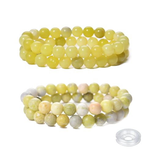 Crystal Beaded Bracelets Set, 4 Piece Gemstone Stretch Bracelets, Rose Quartz, Agate,Jasper, Tiger Eye and Multicolor Glass Beads with String - style: Type 15(Lemon Jade+Yellow Turquoise)