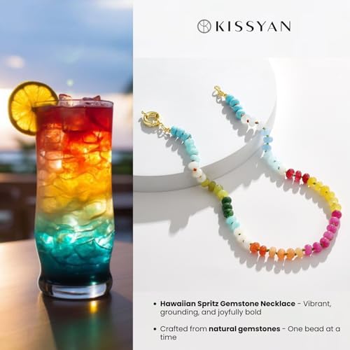 KissYan Beaded Gemstone Necklaces for Women | Colorful Bead Natural Stone Choker with 14K Gold Plated Spring Ring Clasp, Handmade Knot Jewelry for Summer Beach - color: L-Blue & Pink