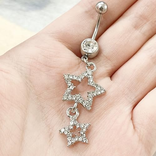 14G Sparkle Star Dangle Belly Button Rings for Women Surgical Steel Belly Navel Piercing Barbell Dangling Body Piercing Jewelry