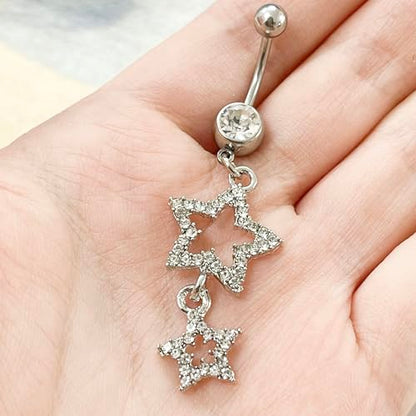 14G Sparkle Star Dangle Belly Button Rings for Women Surgical Steel Belly Navel Piercing Barbell Dangling Body Piercing Jewelry