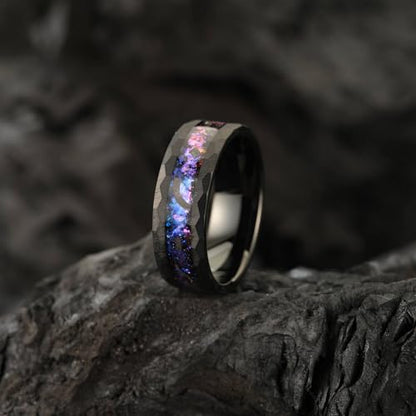 8mm Men's Tungsten Carbide Ring Gold/Black Hammered Meteorite Shavings Gold Foil Inlay Galaxy Nebula Green Opal Engagement Wedding Ring Matte Finish Comfortable Fit - color: 8mm- black tungsten