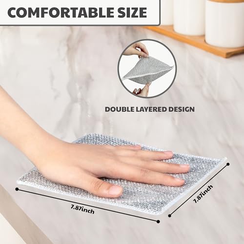 CrafTreat Non Scratch Wire Dishwashing Rag, 10 Pack Double Layer Reusable Wire Dishcloth, Silver Mesh Metal Cleaning Cloth for Pots, Pans, Sink, Steel Cookware, Wet & Dry Cleaning