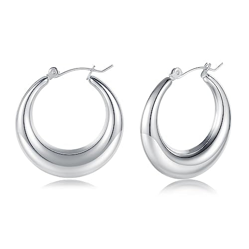 316L Chunky Stainless Steel Hoop Earrings, Fashionable Lightweight Hollow Open Hoops, Hypoallergenic Whtie Gold Plated Pipe Earrings for Women - style: 20mm, White Gold