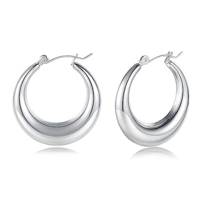 316L Chunky Stainless Steel Hoop Earrings, Fashionable Lightweight Hollow Open Hoops, Hypoallergenic Whtie Gold Plated Pipe Earrings for Women - style: 25mm, White Gold