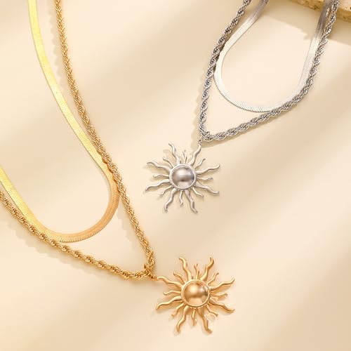 Sun Necklace for Women 14K Gold Silver Plated Layered Charm Necklace Double Chain Charm Pendant Necklaces Trendy Daily Wear Statement Jewelry Gift - color: Silver