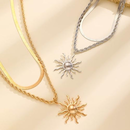 Sun Necklace for Women 14K Gold Silver Plated Layered Charm Necklace Double Chain Charm Pendant Necklaces Trendy Daily Wear Statement Jewelry Gift - color: Silver