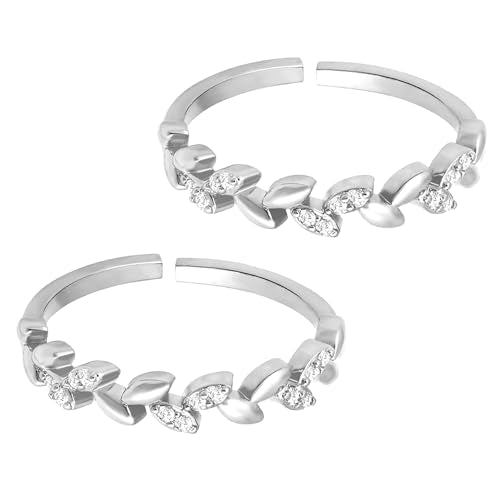 Aheli Cubic Zirconia Studded Leaf Style Adjustable Toe Ring Bichiya Fancy Jewellery for Women - color: Silver