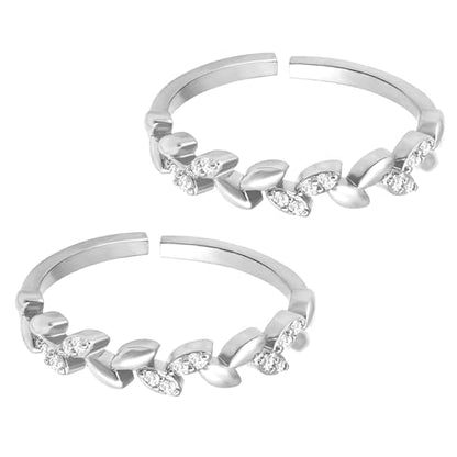Aheli Cubic Zirconia Studded Leaf Style Adjustable Toe Ring Bichiya Fancy Jewellery for Women - color: Silver