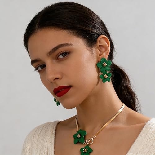 Colorful Flower Necklace Earrings Set for Women Gold Snake Chain Toggle Clasp Pendant Necklaces Dainty Double Flowers Statement Earrings Bridal Wedding Summer Beach Jewelry for Women - color: green