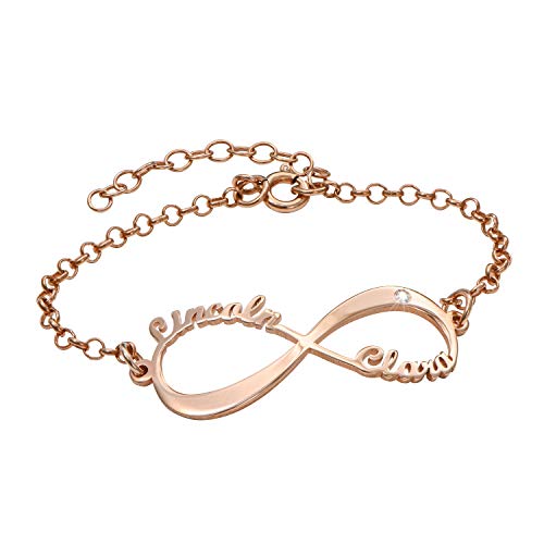 Personalized Infinity Bracelet - Choose Your Style - Sterling Silver, Solid Gold or Plated - Rolo Chain - color: 18K Rose Gold Plated Silver, size: 2 Names Bracelet with Diamond