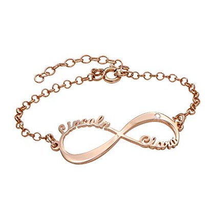 Personalized Infinity Bracelet - Choose Your Style - Sterling Silver, Solid Gold or Plated - Rolo Chain - color: 18K Rose Gold Plated Silver, size: 2 Names Bracelet with Diamond