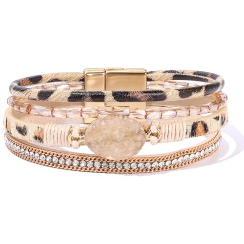 Boho Leather Wrap Bracelets Beaded Stackable Cuff Bracelet Country Concert Outfits Cowboy Cowgirl Western Jewelry Gifts for Women - color: Stone-Leopard
